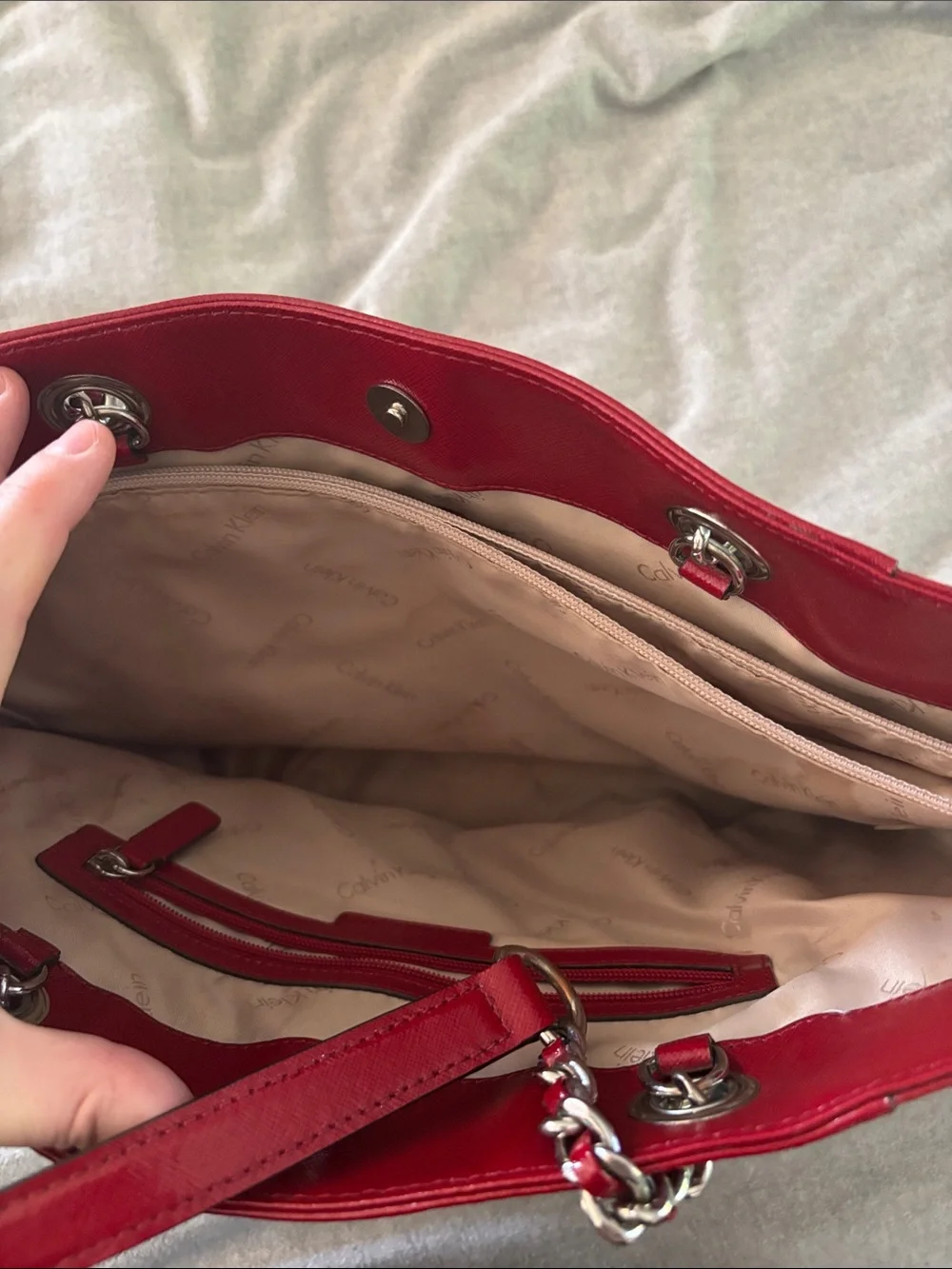 Calvin Klein Red Leather Tote Bag with Chain Handles - Unknown Brand